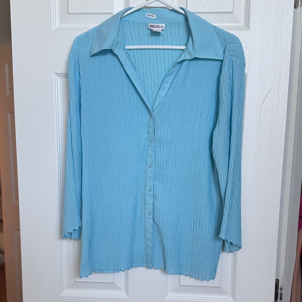 Nicola Light Blue Women's Sheer Top with Scallop Edge Sleeves